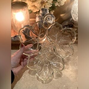 Vintage Leaf-shaped Clear Hand Crafted Glass Relish Plate Tidbit Dish